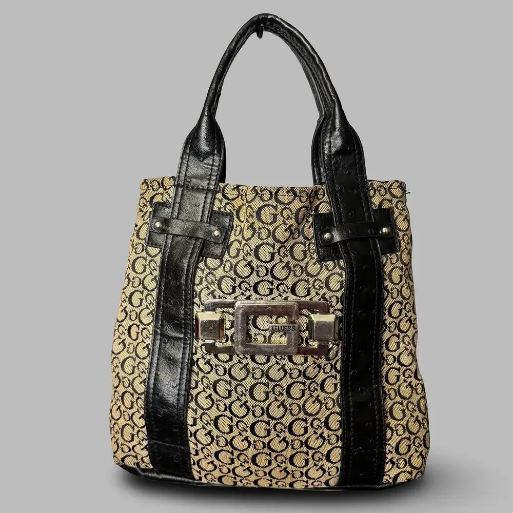 Vintage Guess Y2K Monogram Jacquard Buckle Tote Bag